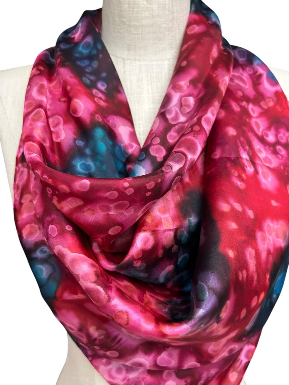 Pure Silk Abstract Pink Blue Scarf Square Magenta and Purple Watercolor Dots